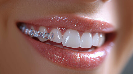 Close-up of a person's mouth with a clear dental retainer.